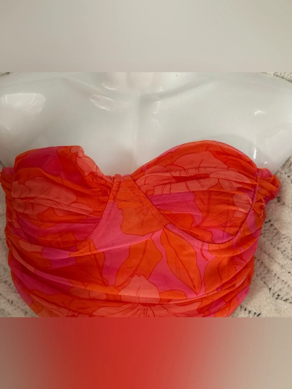 ZARA Pink Orange Floral Mesh Ruched Corset Bustier Strapless Top Medium - Picture 2 of 9